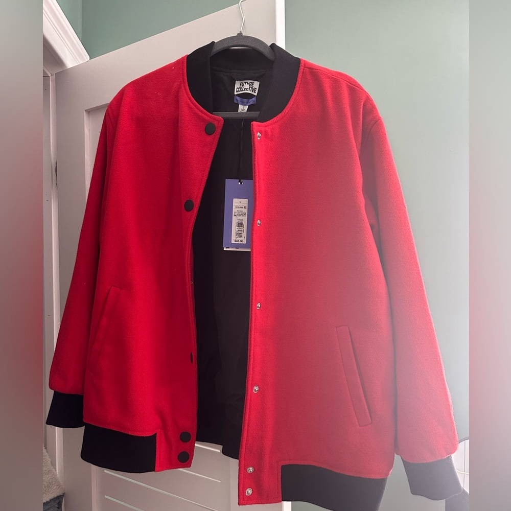 FUTURE COLLECTIVE Kahlana Barfield Brown Varsity Bomber Jacket Women’s LARGE